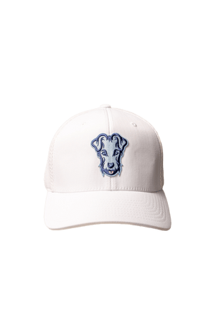 Casquette de golf Dogleg baseball blanche et bleu, vue de face — accessoire golf Suisse