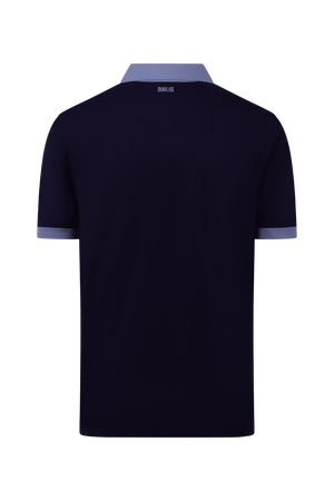 Dogleg cashmere polo men navy with light blue collar back view cotton silk cashmere blend premium golf polo