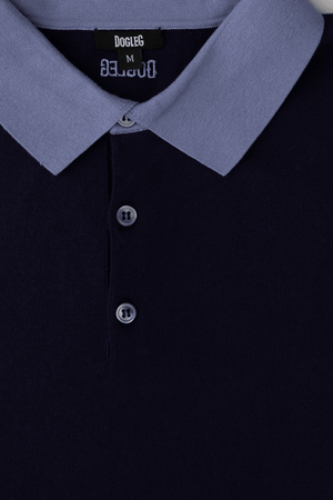 Dogleg cashmere polo men navy light blue collar detail cotton silk cashmere blend premium golf polo