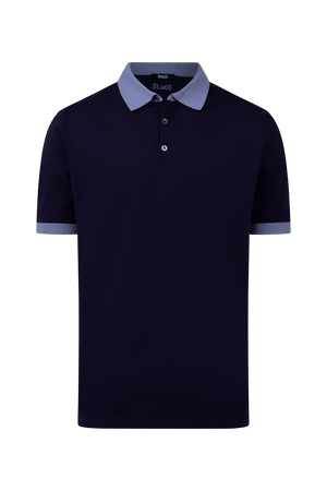 Dogleg cashmere polo men navy with light blue collar front view cotton silk cashmere blend premium golf polo