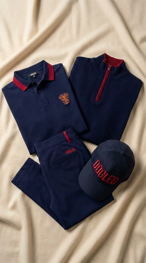 Flat lay Dogleg — tenue de golf navy et rouge, style Swiss golf