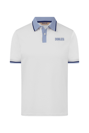 Dogleg Tour Polo boys white blue front view lightweight breathable golf polo