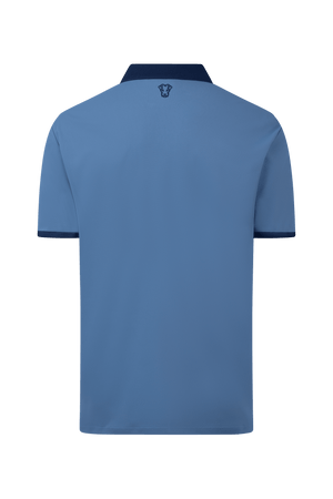 Dogleg Tour Polo men blue with navy collar back view breathable lightweight golf polo