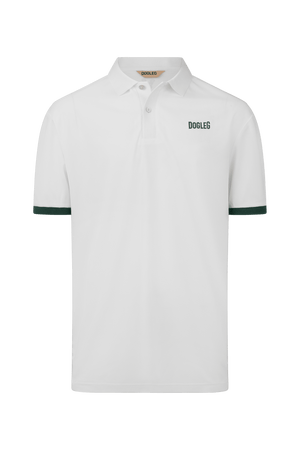 Dogleg Tour Polo men white with green collar front view breathable lightweight golf polo
