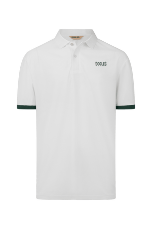 Dogleg Tour Polo men white with green collar front view breathable lightweight golf polo