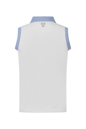 Dogleg Tour Sleeveless Polo women white with blue collar back view breathable lightweight sleeveless golf polo