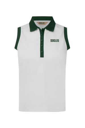 Dogleg Tour Sleeveless Polo women white with green collar front view breathable lightweight sleeveless golf polo
