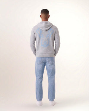 Hoodie Lady cachemire homme, gris, porté de dos, tête de chien bleue