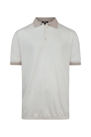 Polo de golf en cachemire Dogleg Lady beige, vue de face — polo cachemire premium, golf Suisse