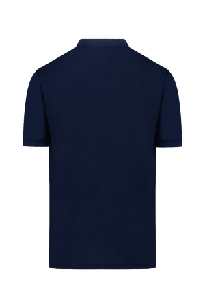 Polo de golf Dogleg Work Hard bleu pour homme, vue de dos — polo technique respirant, golf Suisse