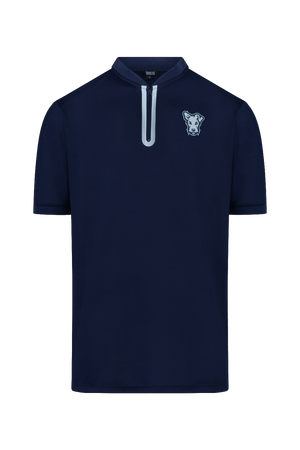 Polo de golf Dogleg Work Hard bleu pour homme, vue de face — polo technique respirant, golf Suisse