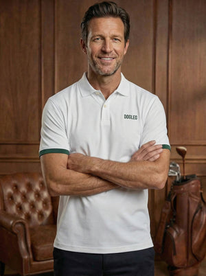 Polo de golf Dogleg Tour homme April Tradition porté par un golfeur — golf Suisse